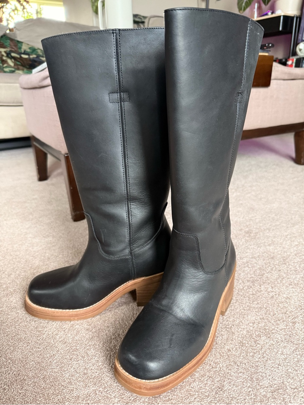 Dingo Black Leather Knee-High Stacked Heel Boots